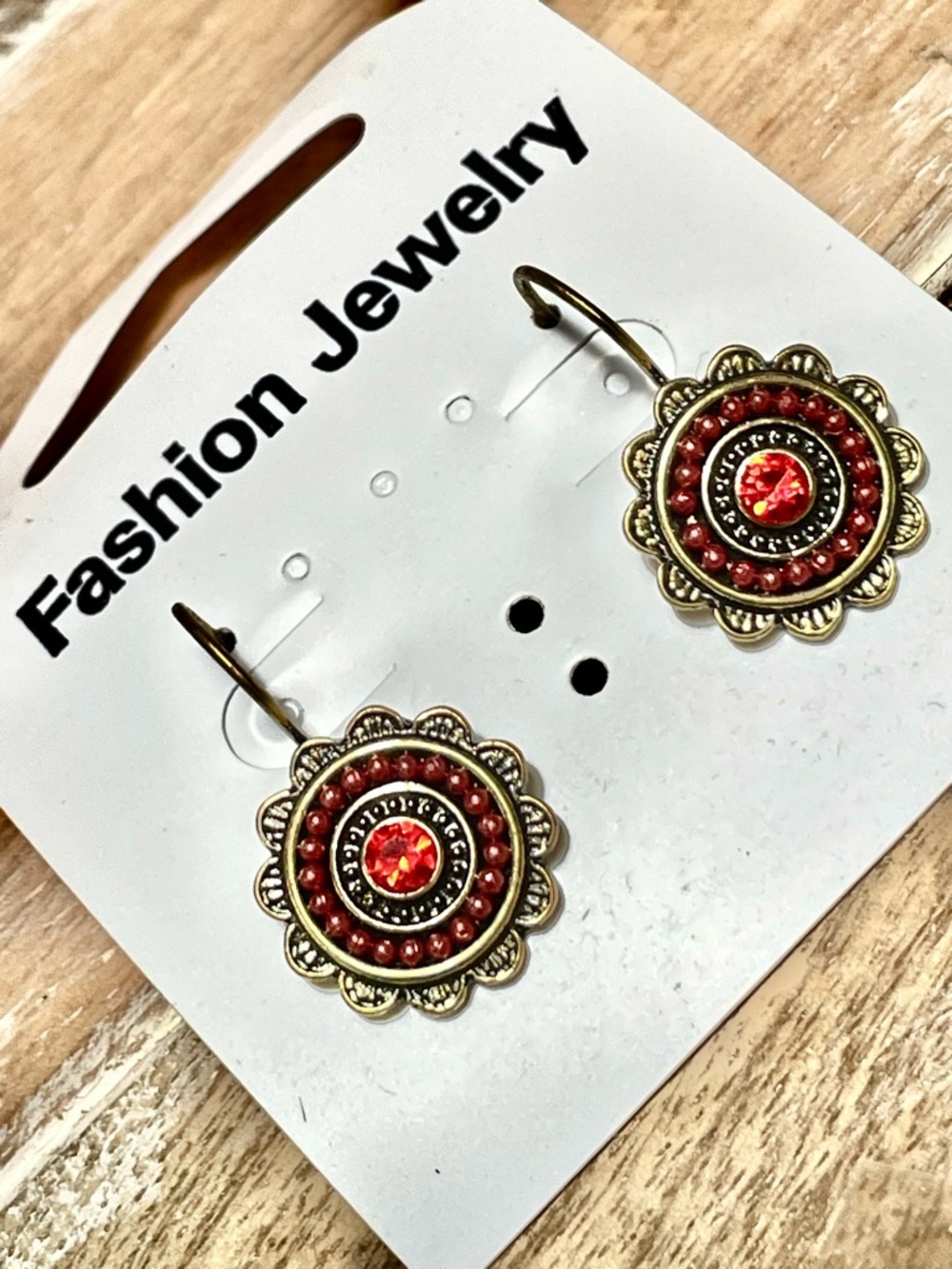 Fashion Jewelry Gold-Tone Red Beaded Medallion Drop Earrings